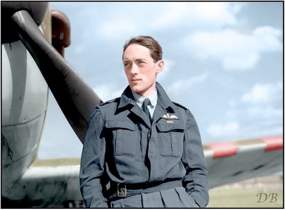 standing in front of his Supermarine Spitfire Mark I at Duxford, Cambridgeshire. c. September 1940. (13 December 1942 ‘Missing In Action’, North Sea. aged 25). Colorised by Doug Banks.