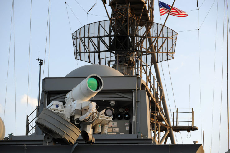 The U.S. Navy Afloat Forward Staging Base (Interim) USS Ponce (AFSB(I)-15) conducts an operational demonstration of the Office of Naval Research (ONR)-sponsored Laser Weapon System (LaWS) while deployed to the Arabian Gulf.