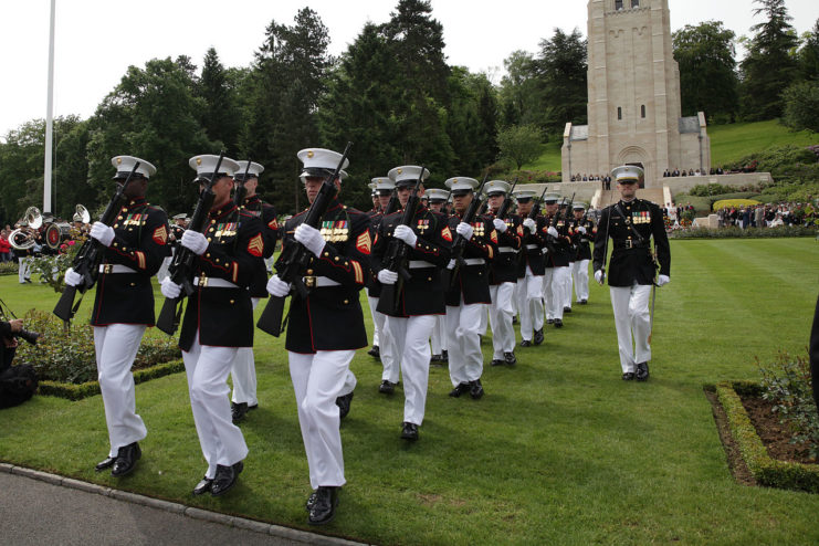 Marines from the 6th Marine Regiment march during the Memorial Day ceremony at Aisne-Marne American Cemetery.