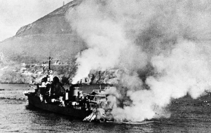 French destroyer leader Mogador burning after shellfire at Mers-El-Kebir on 3 July 1940