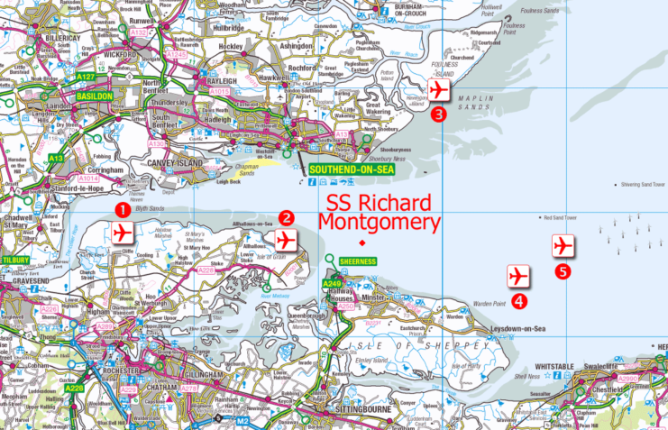 Map of the Thames Estuary with the exclusion zone around the wreck of SS Richard Montgomery, and locations of proposed airports: 1. Cliffe; 2. Grain (Thames Hub); 3. Foulness; 4. Off the Isle of Sheppey; 5. Shivering Sands (“Boris Island”). Ordnance Survey – CC BY 3.0