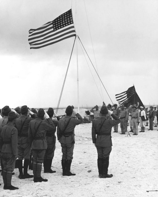 The formal surrender of the Japanese garrison on Wake Island, September 7, 1945