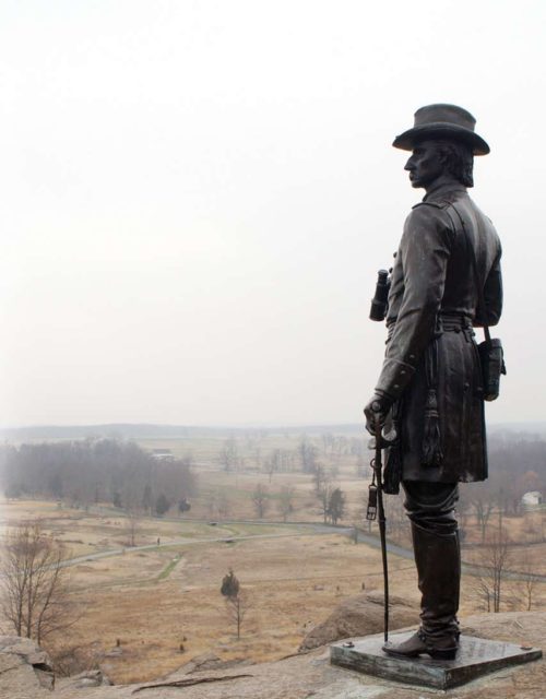Monument of General Warren overlooking the battlefield from Little Round Top