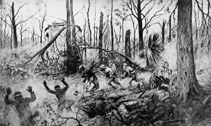 World War I The fight of the U.S. Marines in Belleau Wood. From the painting by the French artist Georges Scott.