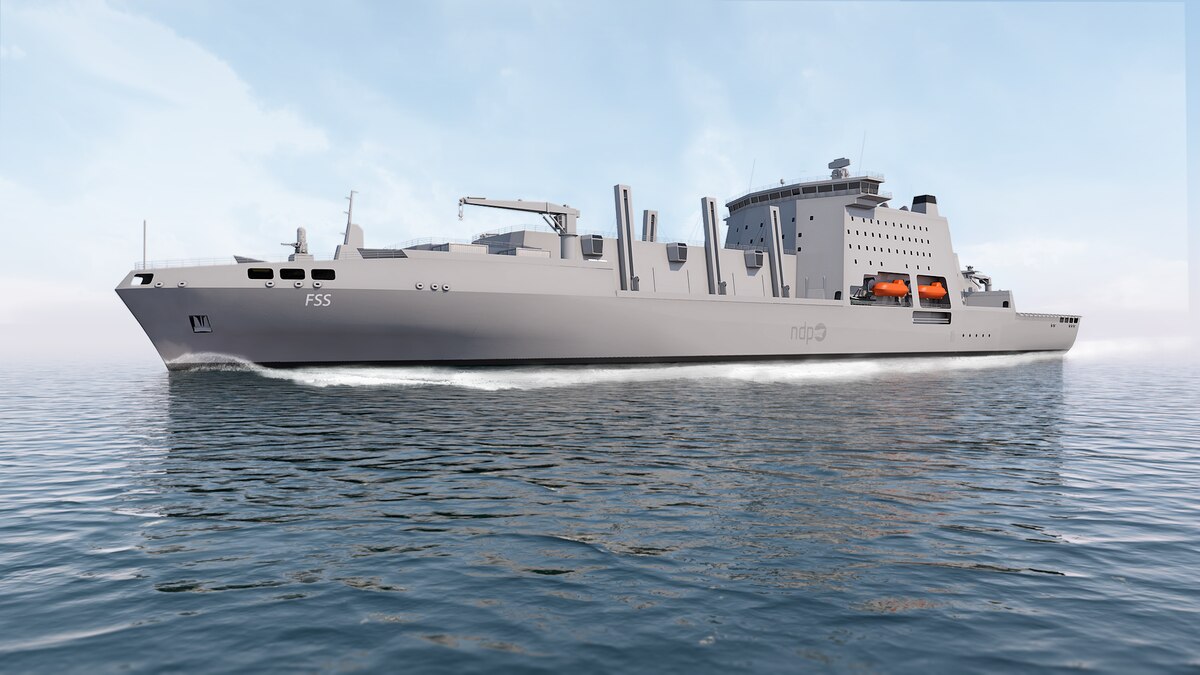 This artist's rendering shows an initial design of the fleet solid support ship, which could change. (British Ministry of Defence