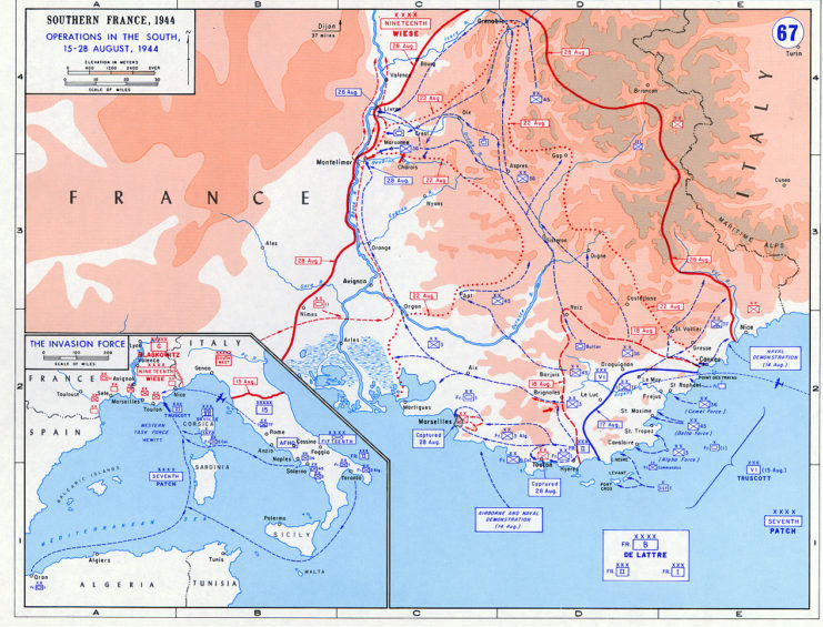 A map showing the Allied amphibious landings and advance in Southern France, as well as German defensive positions