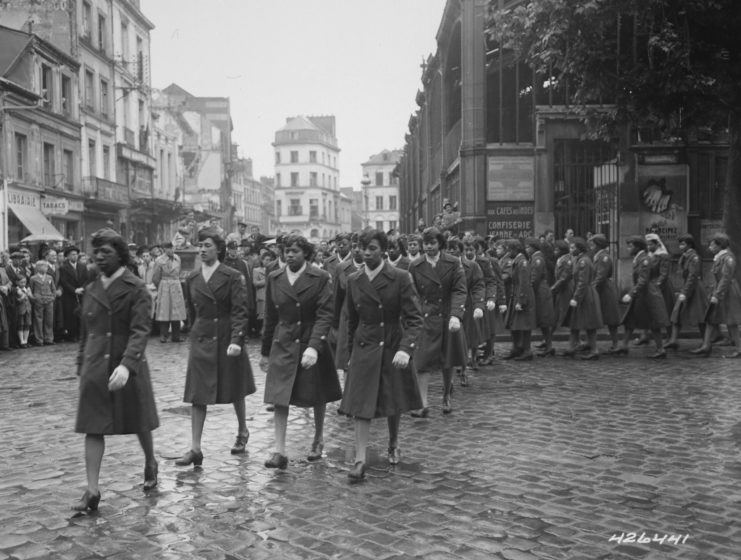 The 6888th Battalion taking part in a parade in May 1945 in honor of Joan of Arc at the marketplace in Rouen, France, where she was burned at the stake. Credit: National Archives