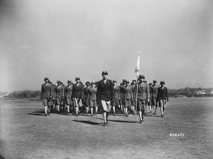 Captain Adams drilling her company at the first W.A.A.C. training center in Fort Des Moines, Iowa, in 1943. Credit: National Archives