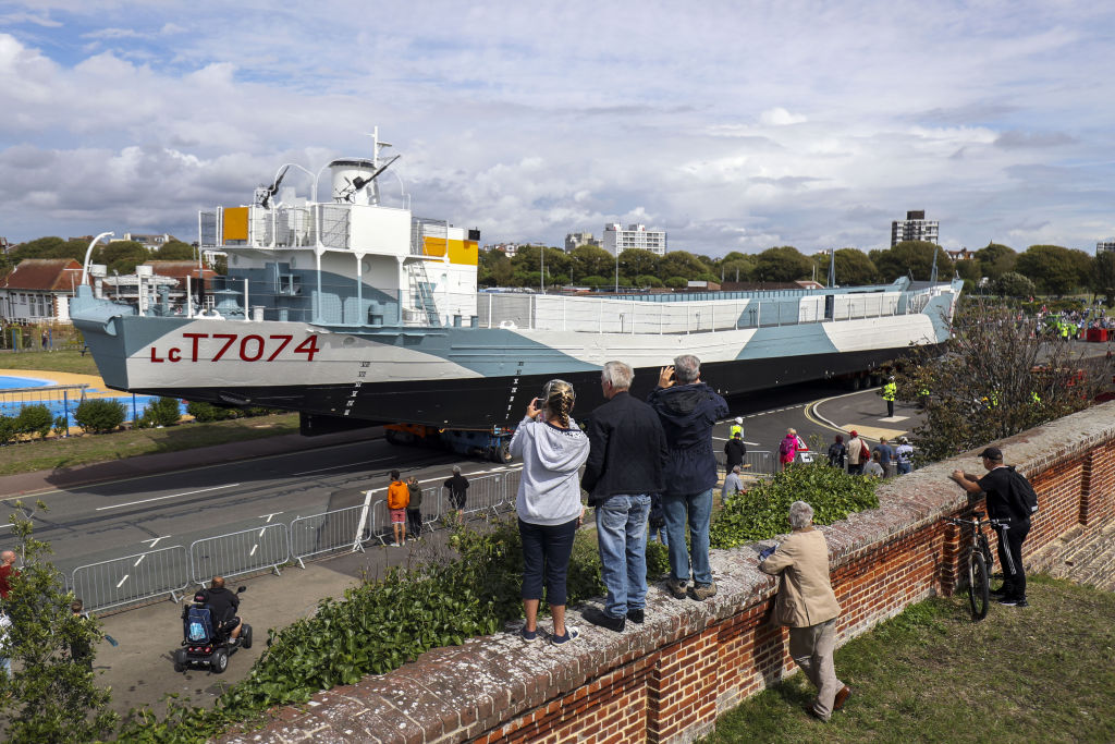 Restored World War Two landing craft LCT 7074 is transported from from the Naval Base in Portsmouth to its final resting place at the D-Day Story at Southsea. (Photo by Steve Parsons/PA Images via Getty Images)