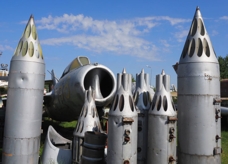 MIG15. NATO name ÔFaggotÕ surrounded by scrap rocket pods. Riga Air Museum. Picture: Geoff Moore/www.thetraveltrunk.net