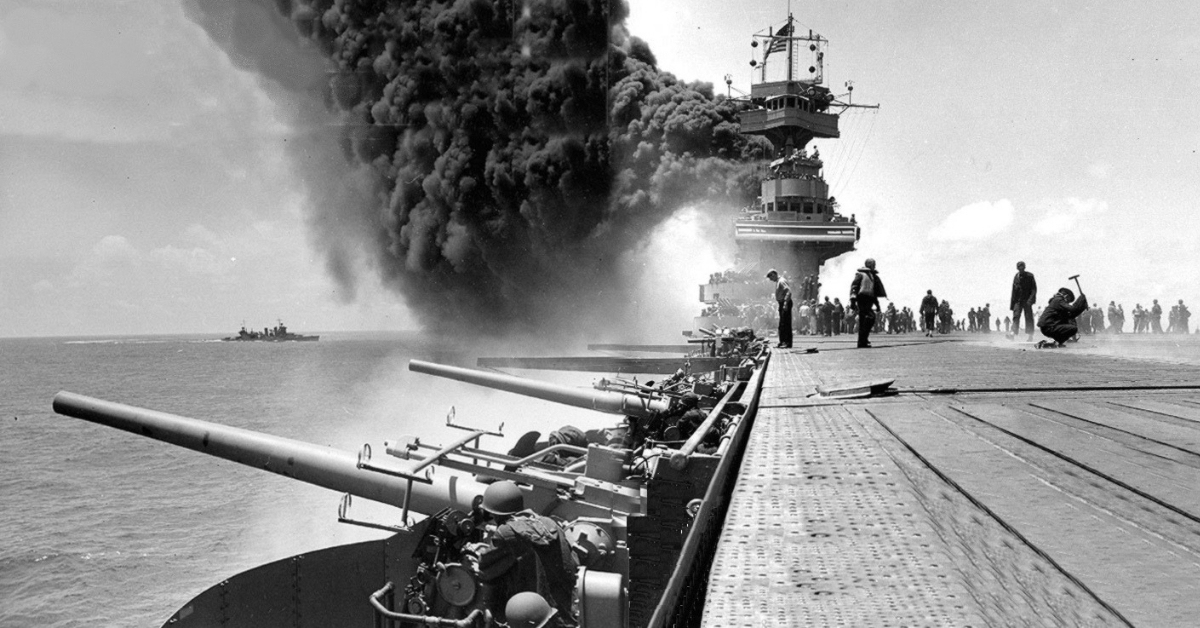 Scene on board the U.S. Navy aircraft carrier USS Yorktown (CV-5) during the Battle of Midway, shortly after she was hit by three Japanese bombs on 4 June 1942