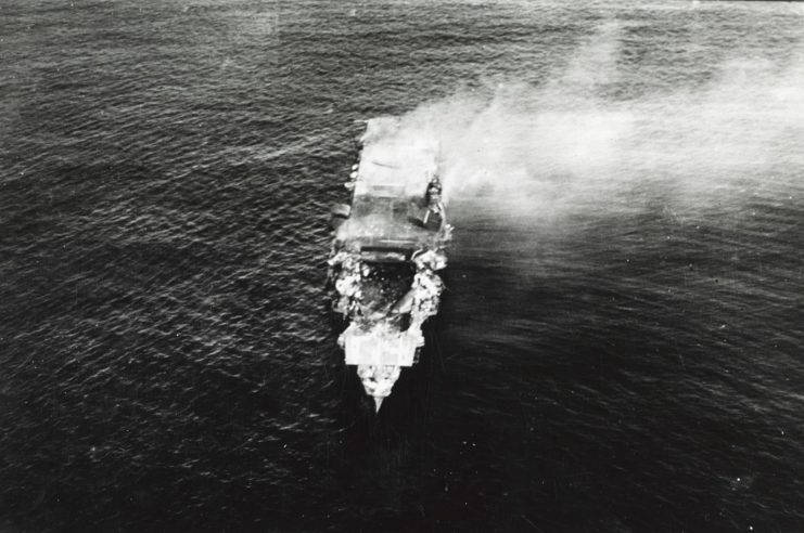 Hiryū, shortly before sinking, photo taken by a Yokosuka B4Y off the carrier Hōshō