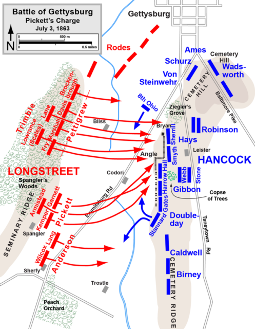 Map of Pickett’s Charge, July 3, 1863. Red: Confederate, blue: Union. Map: by Hal Jespersen