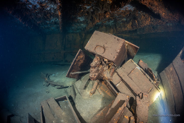 Much of the ships cargo is still intact, including many unopened wooden crates. Image by Baltictech