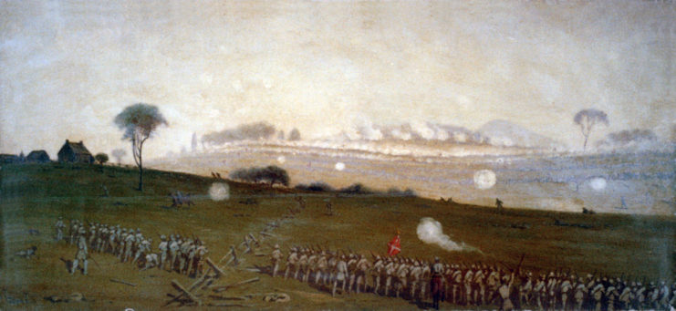 Pickett’s Charge from a position on the Confederate line looking toward the Union lines, Ziegler’s Grove on the left, clump of trees on right, painting by Edwin Forbes