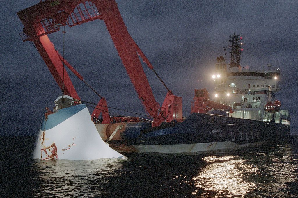 The bow door of the sunken ferry M/S Estonia is lifted from the bottom of the sea off. GETTY