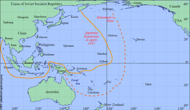 The extent of Japanese military expansion in the Pacific, April 1942