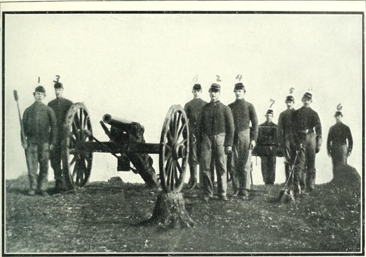 “A gun and gunners that repulsed Pickett’s Charge” (from The Photographic History of the Civil War). This was Andrew Cowan’s 1st New York Artillery Battery.