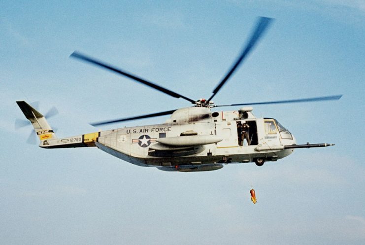 A U.S. Air Force Sikorsky HH-3E Jolly Green Giant helicopter in 1977.