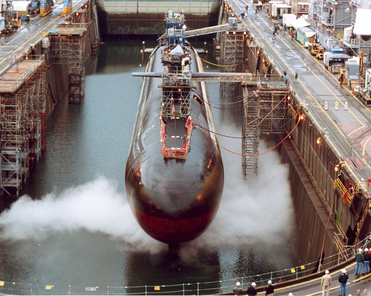 The USS Ohio Ohio-class submarine in a dry dock during a re-fit.