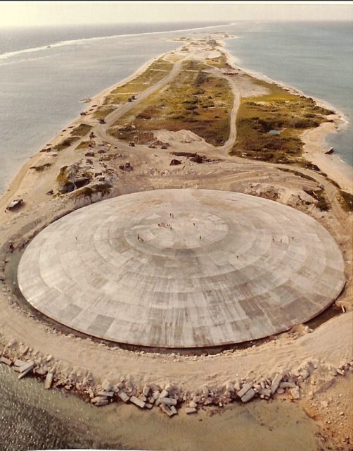 The infamous Runit Dome. The Dome was built over the crater excavated from one of the nuclear tests on the island, and contains the contaminated poisonous top soil scraped from the surfaces of nearby islands.