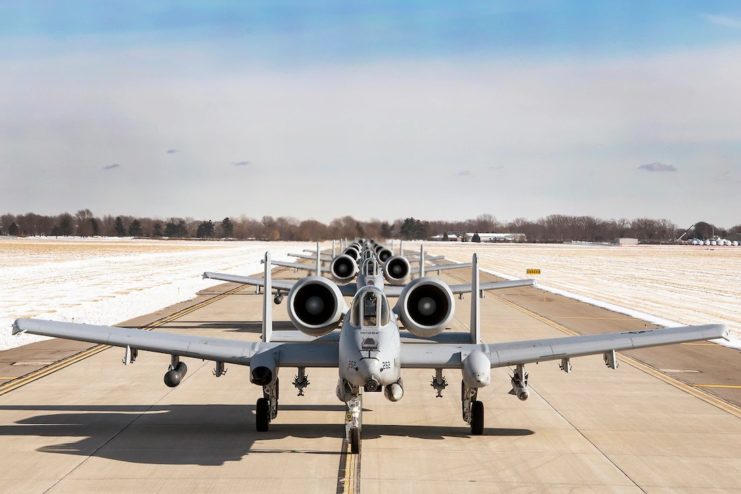 A-10 Thunderbolt II fighter aircraft, flown by pilots of the 107th Fighter Squadron, depart from Selfridge Air National Guard Base. Image by the US Air Force.