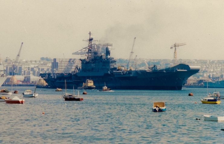 The once-HMS Hermes, now INS Viraat leaving Devonport Dockyard for the last time as she begins the  voyage to India. Image by Battlecat2017 CC BY-SA 4.0.