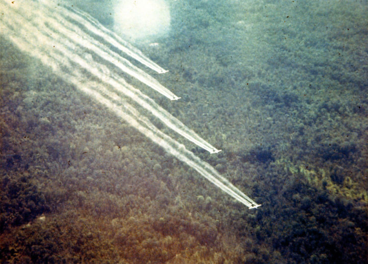 The poisonous Agent Orange being sprayed during the Vietnam War.