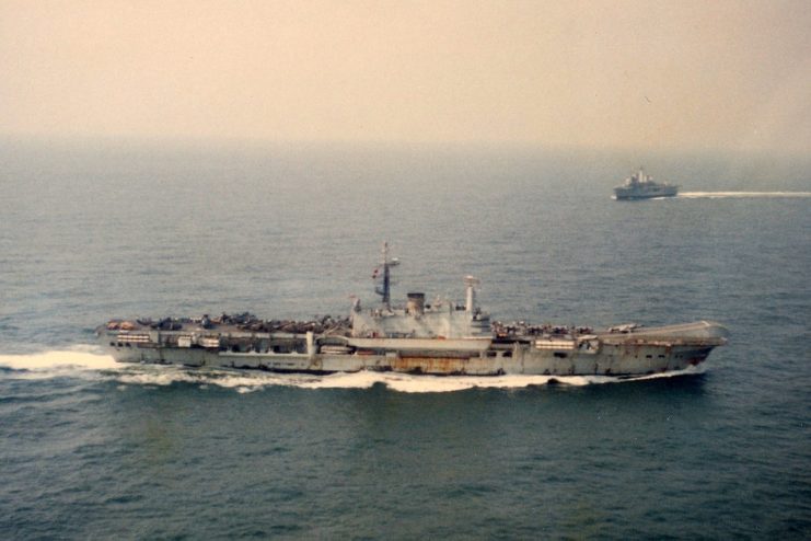 The HMS Hermes aircraft carrier on her return trip back to the United Kingdom from the Falkland Islands. Image by Rosedale7175 CC BY-SA 2.0.