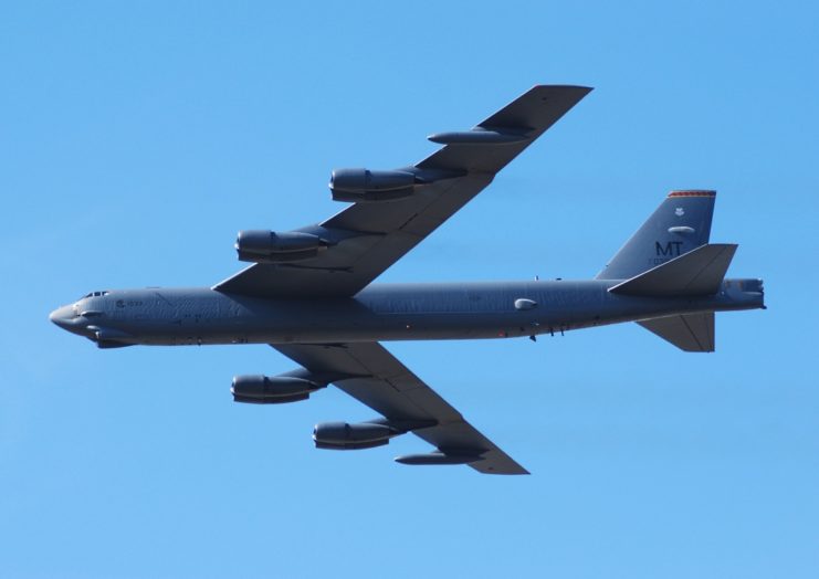 A B-52 from the 5th Bomb Wing flies over RAF Fairford.
