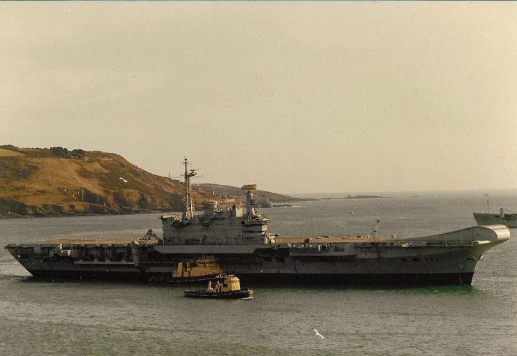 Hermes enters Devonport Dockyard to begin a refit following her purchase by India