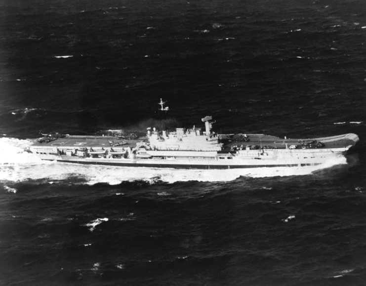 The Royal Navy aircraft carrier HMS Hermes (R12) underway on 16 March 1982.