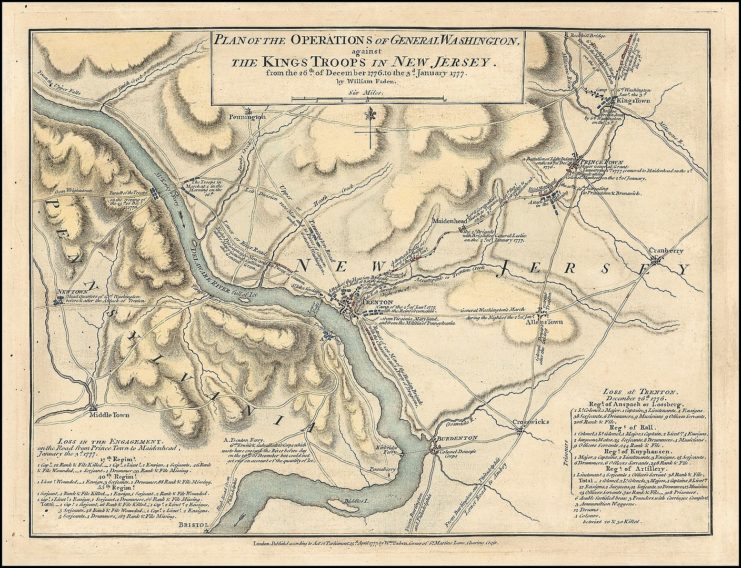 Map of Delaware River area depicting route George Washington and his Army made during the crossing by William Faden