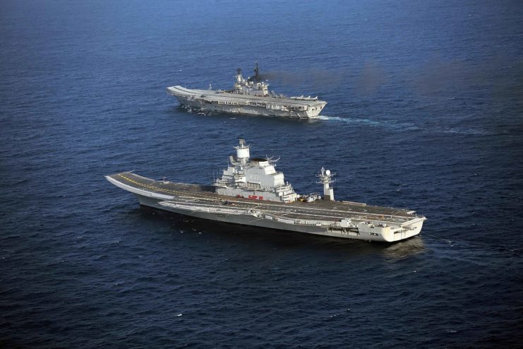 INS Viraat (top) escorting the Indian Navy’s newly acquired aircraft carrier Vikramaditya during the latter’s delivery voyage