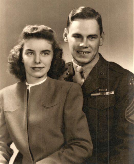 Basinger is pictured with his wife, Frances, following their marriage in Kansas City, Kansas, in August 1945. Courtesy of Becky Hunter Ambrose