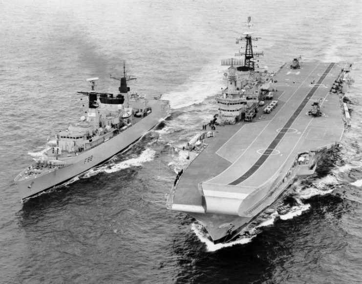 Type 22 Frigate HMS Broadsword alongside HMS Hermes during the Falklands War, 1982
