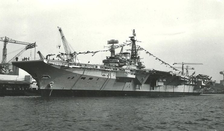 The Royal Navy aircraft carrier HMS Hermes (R12) at the Plymouth Navy Day, Devonport Dockyard, in August 1977.