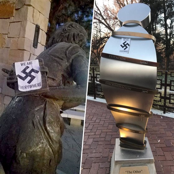 The The Wassmuth Center for Human Rights said stickers with swastika symbols were placed throughout the memorial. Image courtesy of The Wassmuth Center