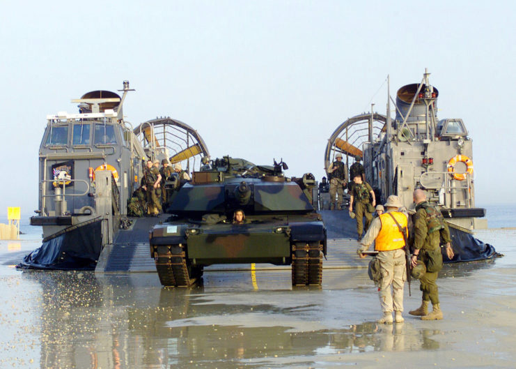 US Marine M1A1 tank is off-loaded from a US Navy LCAC in Kuwait in February 2003