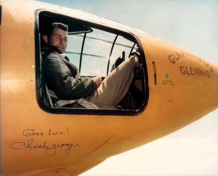 Yeager in the rather small cockpit of the Bell X-1. The image was signed by Yeager at Edwards AFB in the 1990s.