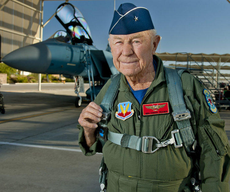 Yeager prepares to board an F-15D Eagle from the 65th Aggressor Squadron Oct. 14, 2012, at Nellis Air Force Base.