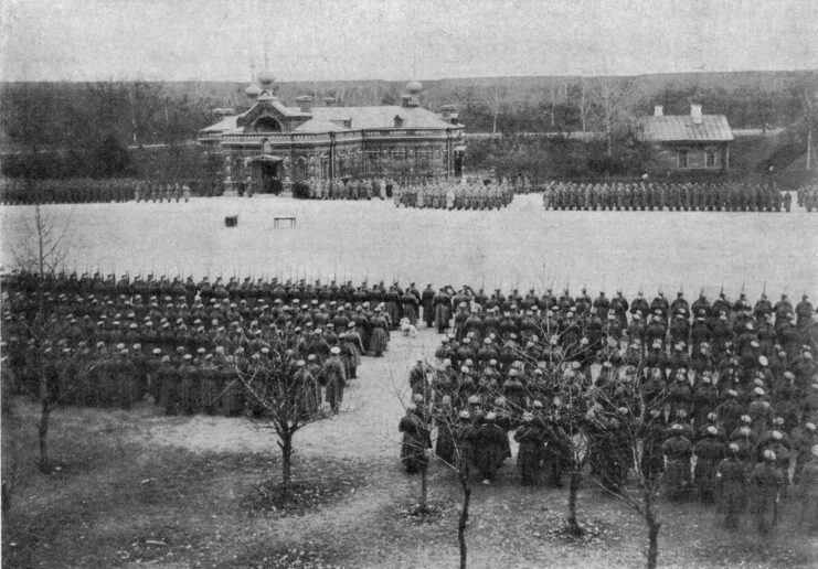 German soldiers lined up outside of the church at Osoweic Fortress