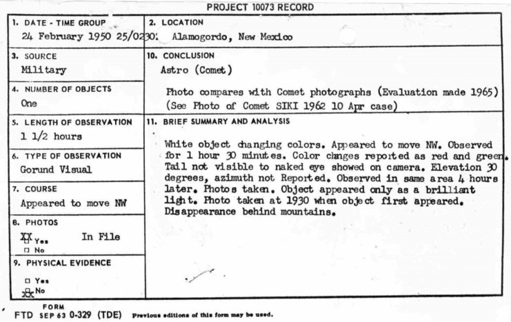 Project 10073 Form, a report on a UFO sighting, ca. 1965. Image courtesy of National Archives.