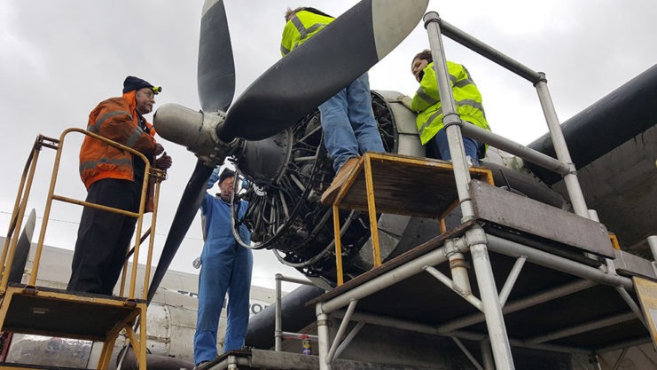 The hardest part of the restoration is the aircrafts 4 radial engines. Image courtesy of savetheskymaster.org.