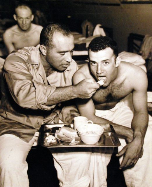 Survivors from USS Indianapolis, are shown in a hospital on Peleliu Island.