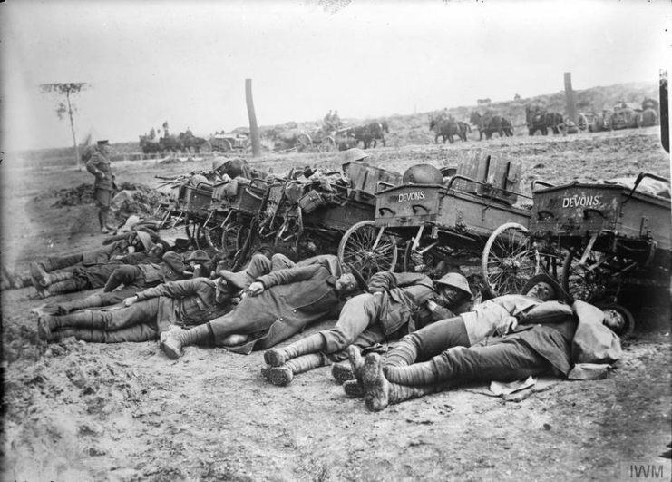 The Devonshire Regiment resting after an attack near Fricourt, August 1916.