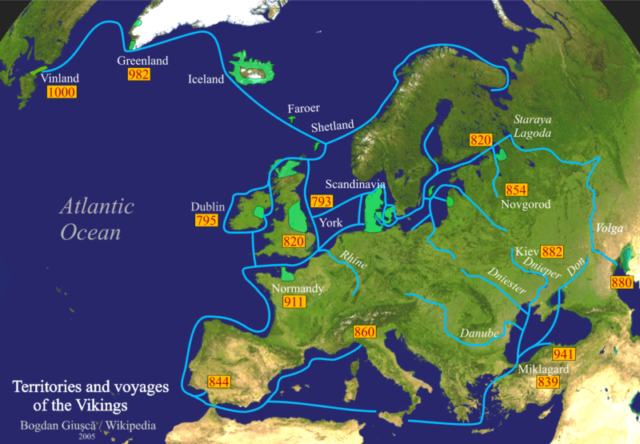 Activity area of the Vikings, Mediterranean from the Black Sea , the Caspian Sea , the United Kingdom from Iceland , the North American continent.