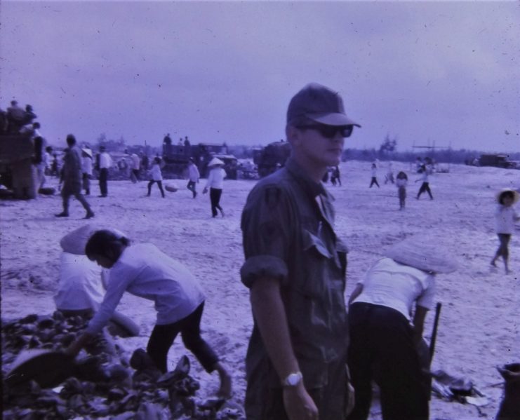 Shortly after arriving at Quang Tri, Roger Buchta (pictured) and several of his fellow soldiers were sent to a sandy area near the base to pick up sandbags to be placed around the hospital where they worked as medics. Courtesy of Don Buchta