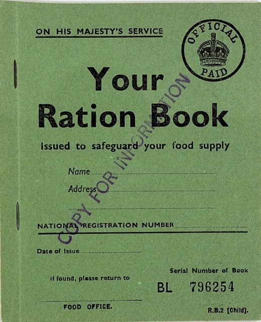Child’s Ration Book. Throughout the 1940s (and for nine years after the end of the war) every man woman and child in Britain owned ration books of coupons for food and clothing.