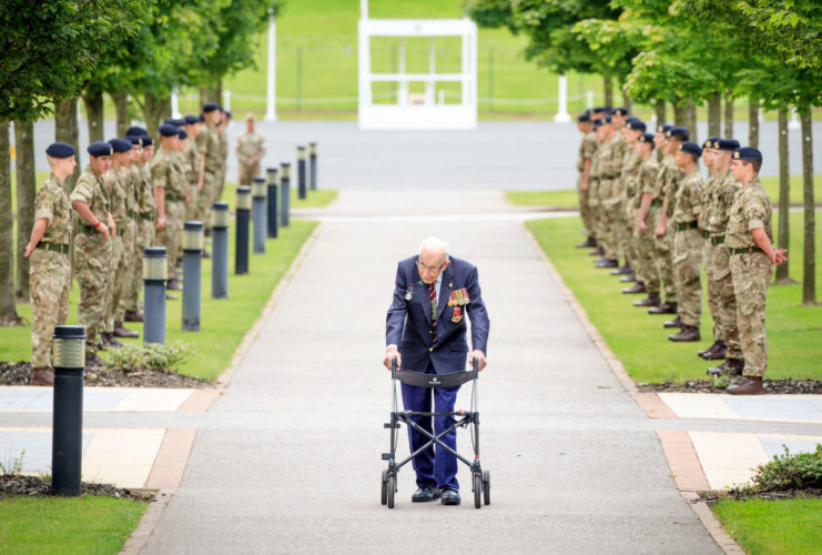 Captain Sir Tom Moore walks down a guard of honour during a visit to the Army Foundation College in Harrogate, North Yorkshire as part of his new role as Honorary Colonel of the Northern military training establishment. (Photo by Danny Lawson/PA Images via Getty Images)